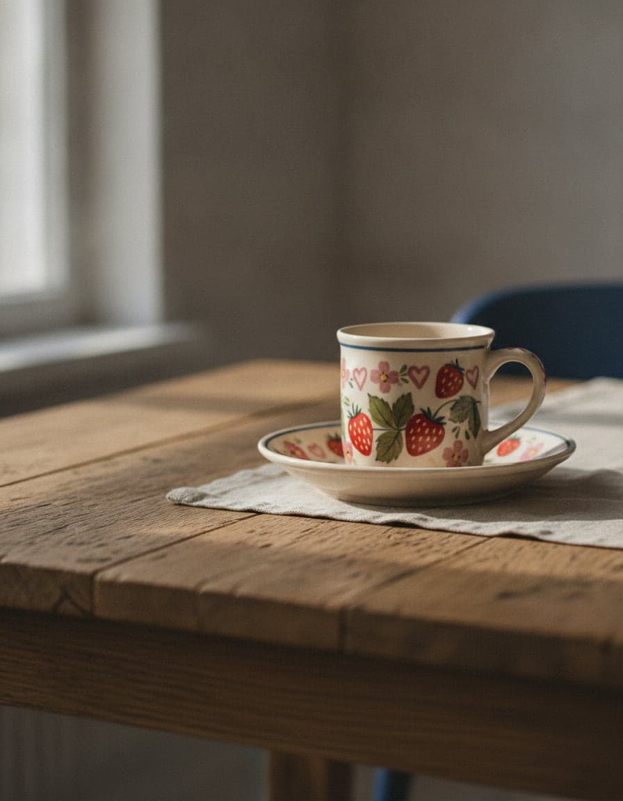 Naczynia w dekoracji „Soczyste Truskawki” w aranżacji