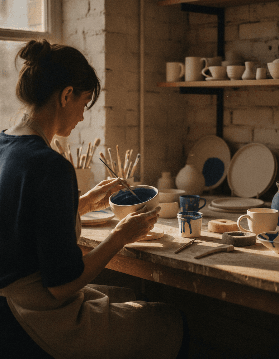 Założycielka przy stole malarskim w pracowni Lady Blue